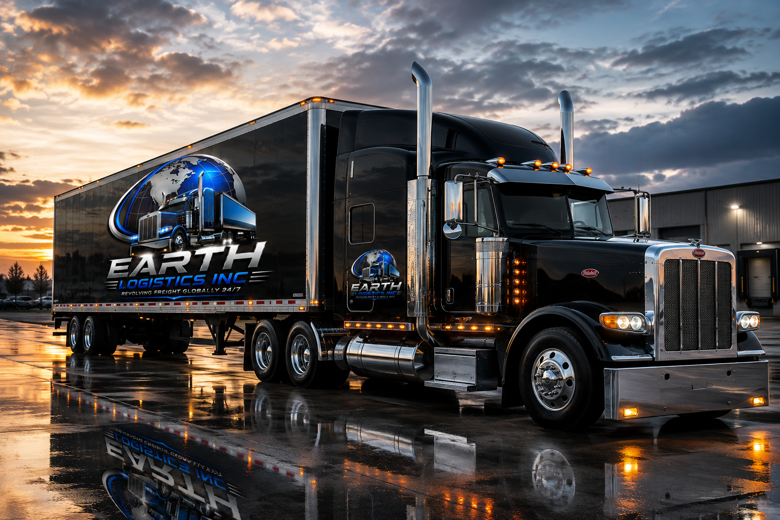 Earth Logistics Inc branded Peterbilt truck at sunset